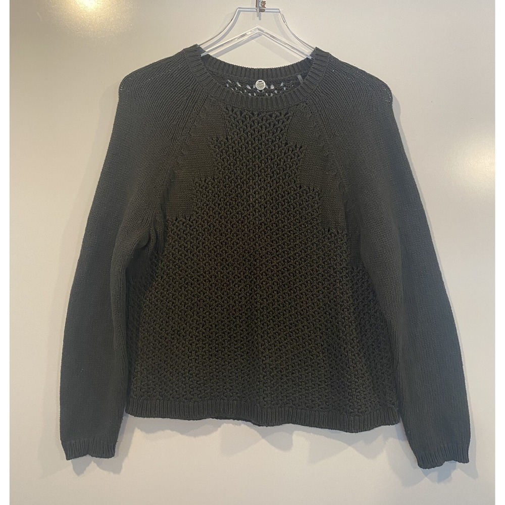 Margaret O'Leary Olive Green Cotton Cashmere Pointelle Knit Crewneck Sweater M